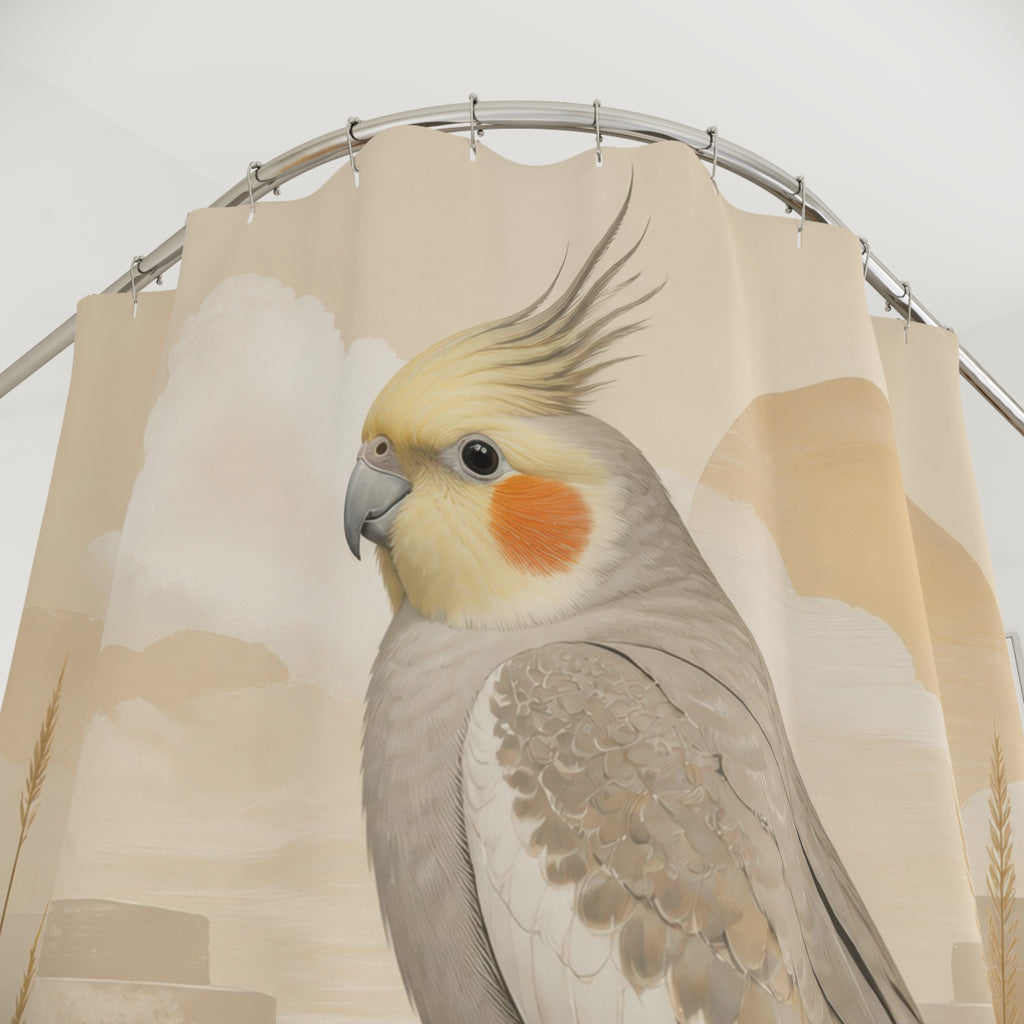 Close-up of Grey cockatiel on warm beige desert terraces shower curtain with hooks and folds