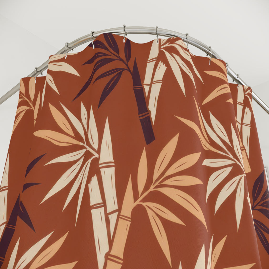 Cream and plum bamboo leaves on terracotta shower curtain with close-up print, hooks, and folds