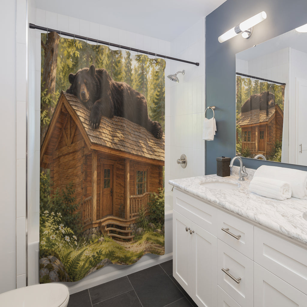 Sleepy black bear on a log cabin roof shower curtain beside a white vanity