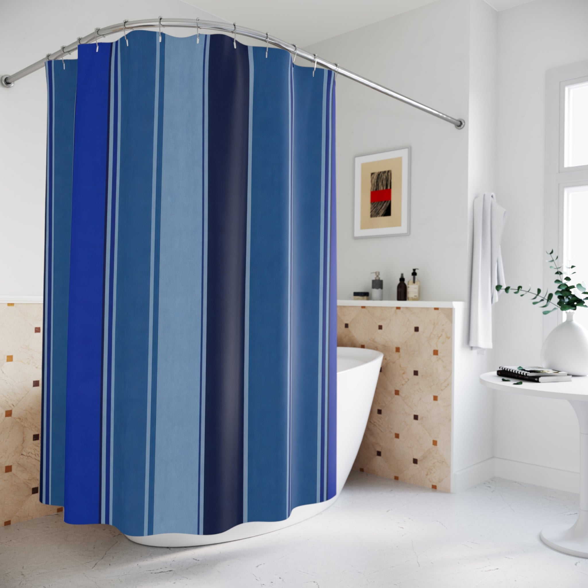 Navy Royal Blue Thin Stripe Shower Curtain