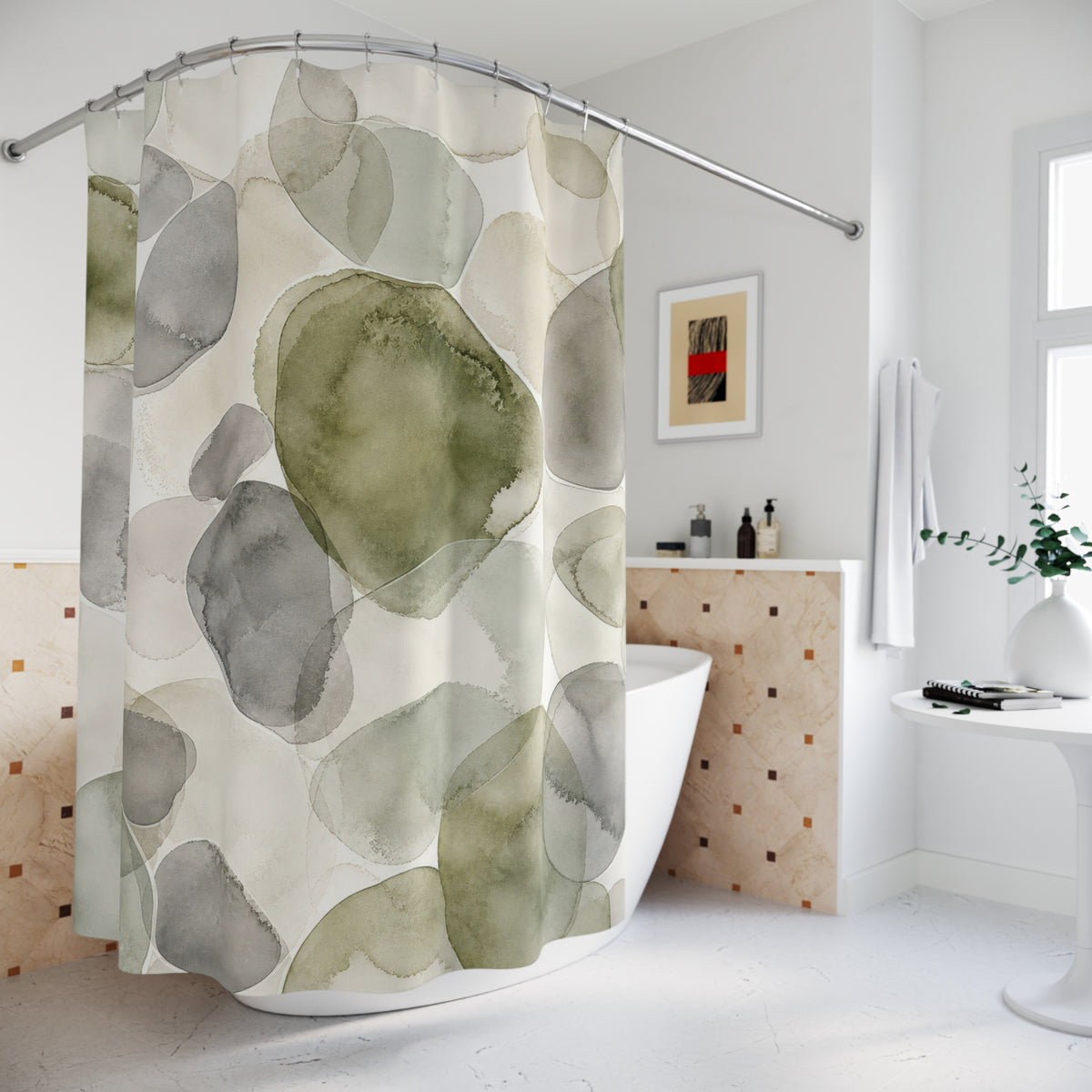 Green Grey Watercolor Circle abstract shower curtain beside a freestanding tub
