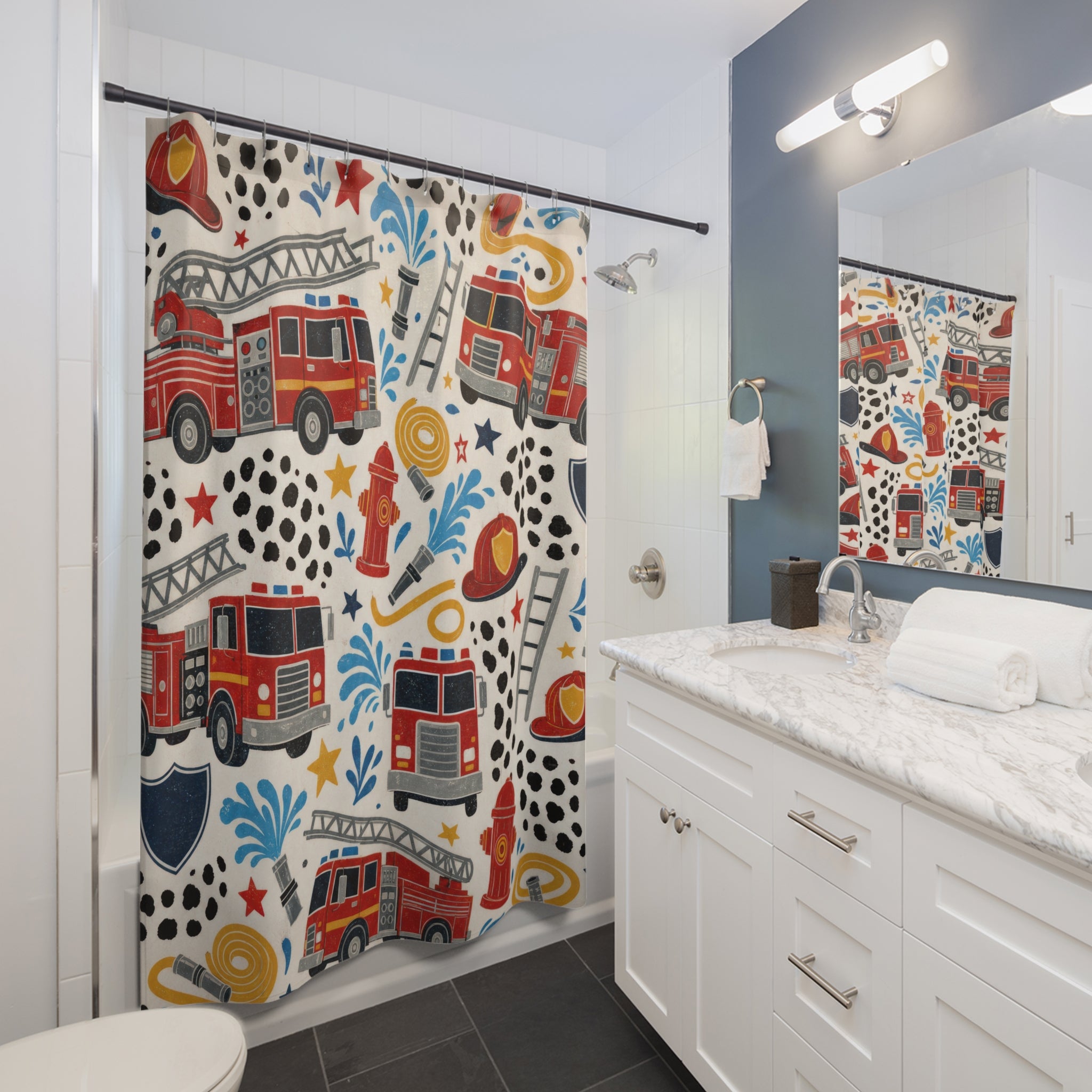 Fire Truck Shower Curtain, Red Kids Bathroom Decor, Firefighter Bath Curtain, Boys Bathroom Decor, Truck Pattern, Bath Decor, Playful Style