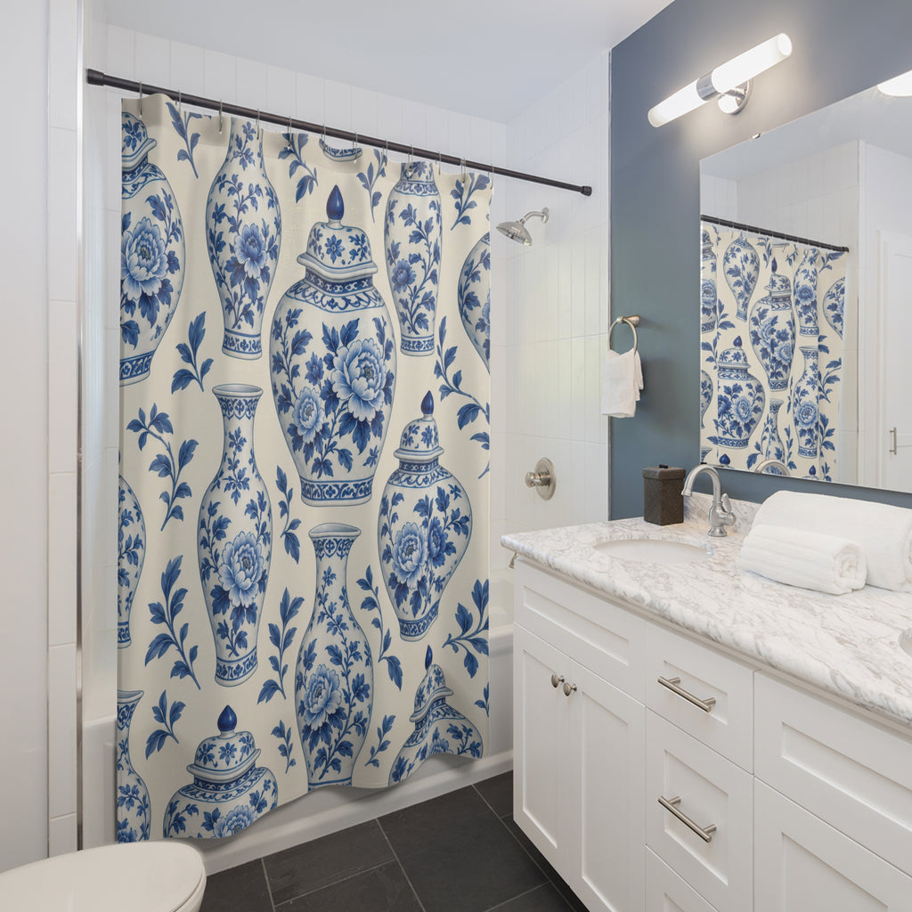 Blue and ivory Chinoiserie ginger jars shower curtain beside a white vanity