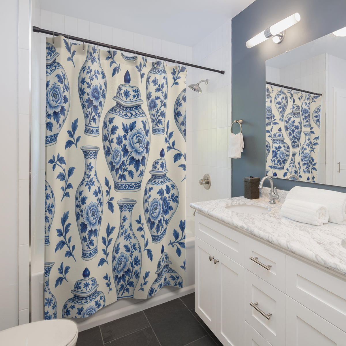 Blue and ivory Chinoiserie ginger jars shower curtain beside a white vanity