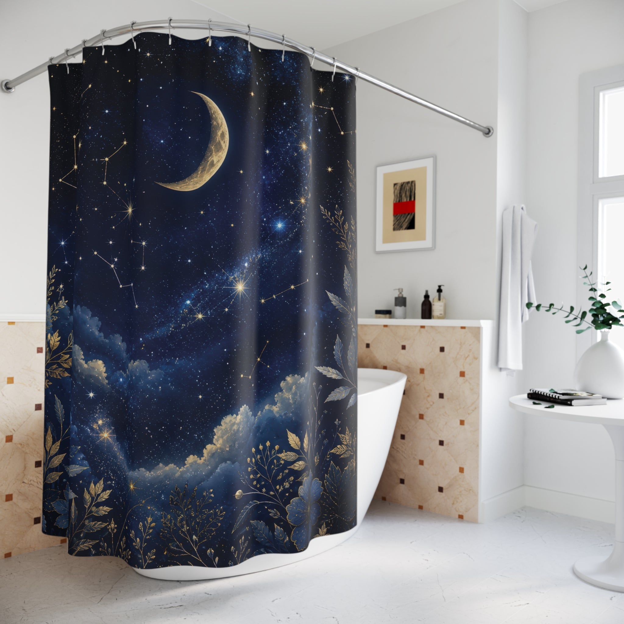 Night Sky Shower Curtain: Celestial Moon Star Landscape