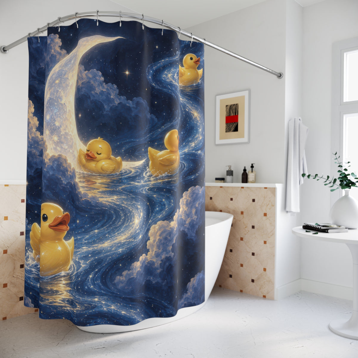 Rubber ducks beneath a moon in a blue starry sky shower curtain beside a freestanding tub