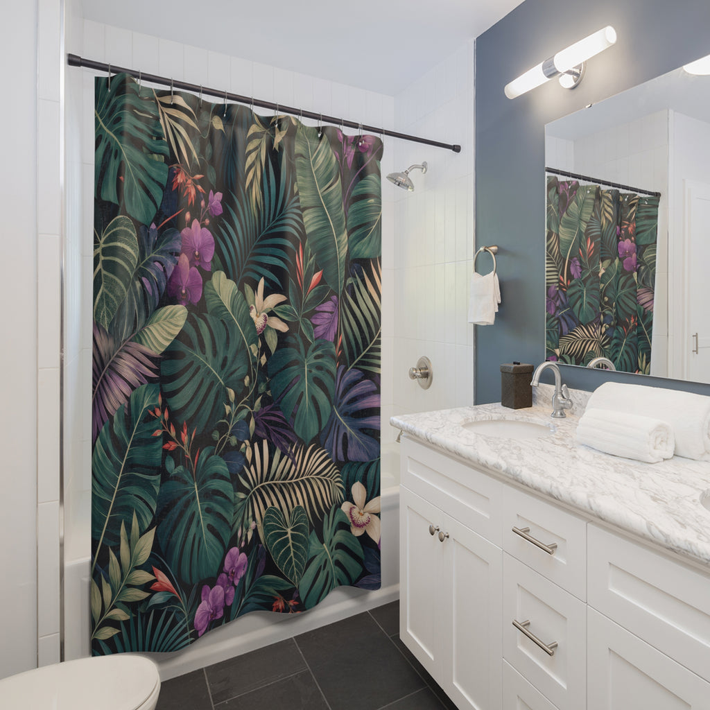 Unique Tropical Shower Curtain, Dark Green Monstera Leaf Pattern, Purple Floral Botanical Decor, Lush Guest Bath, Maximalist Style