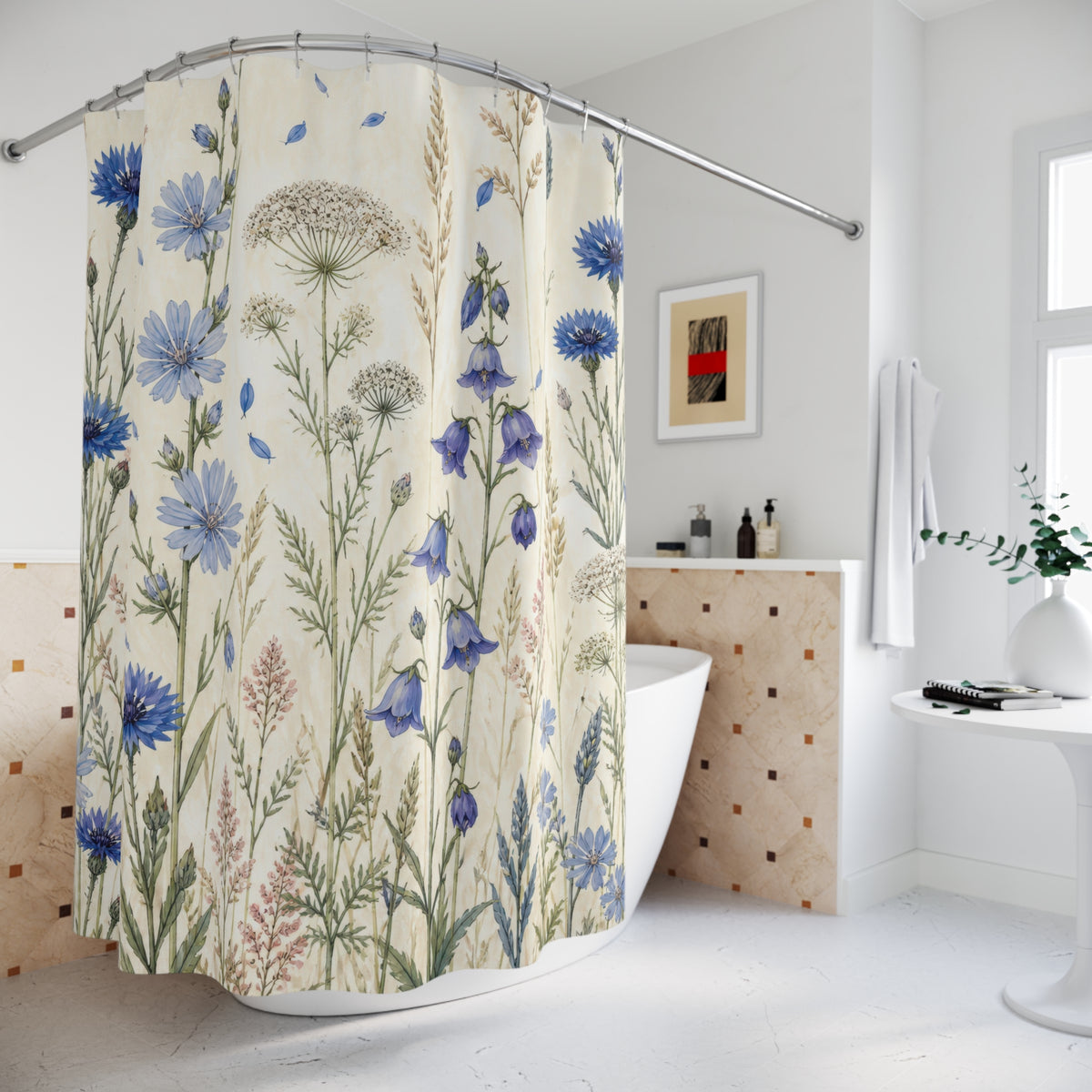 Blue wild flower field with cornflowers bellflowers and grasses shower curtain beside a freestanding tub