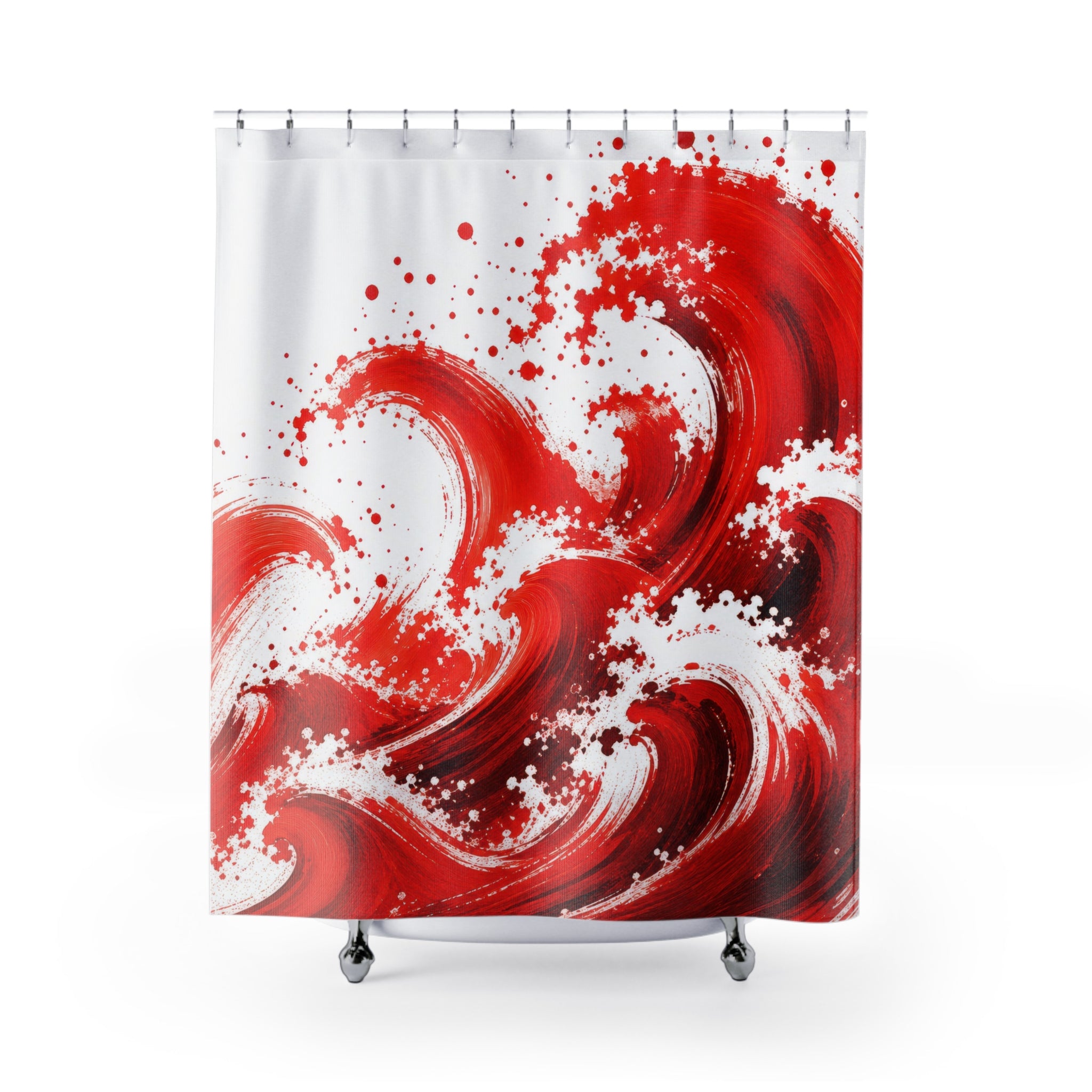 Red White Brushstroke Waves Shower Curtain