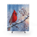 Red cardinal on snowy berry bough shower curtain with full front view