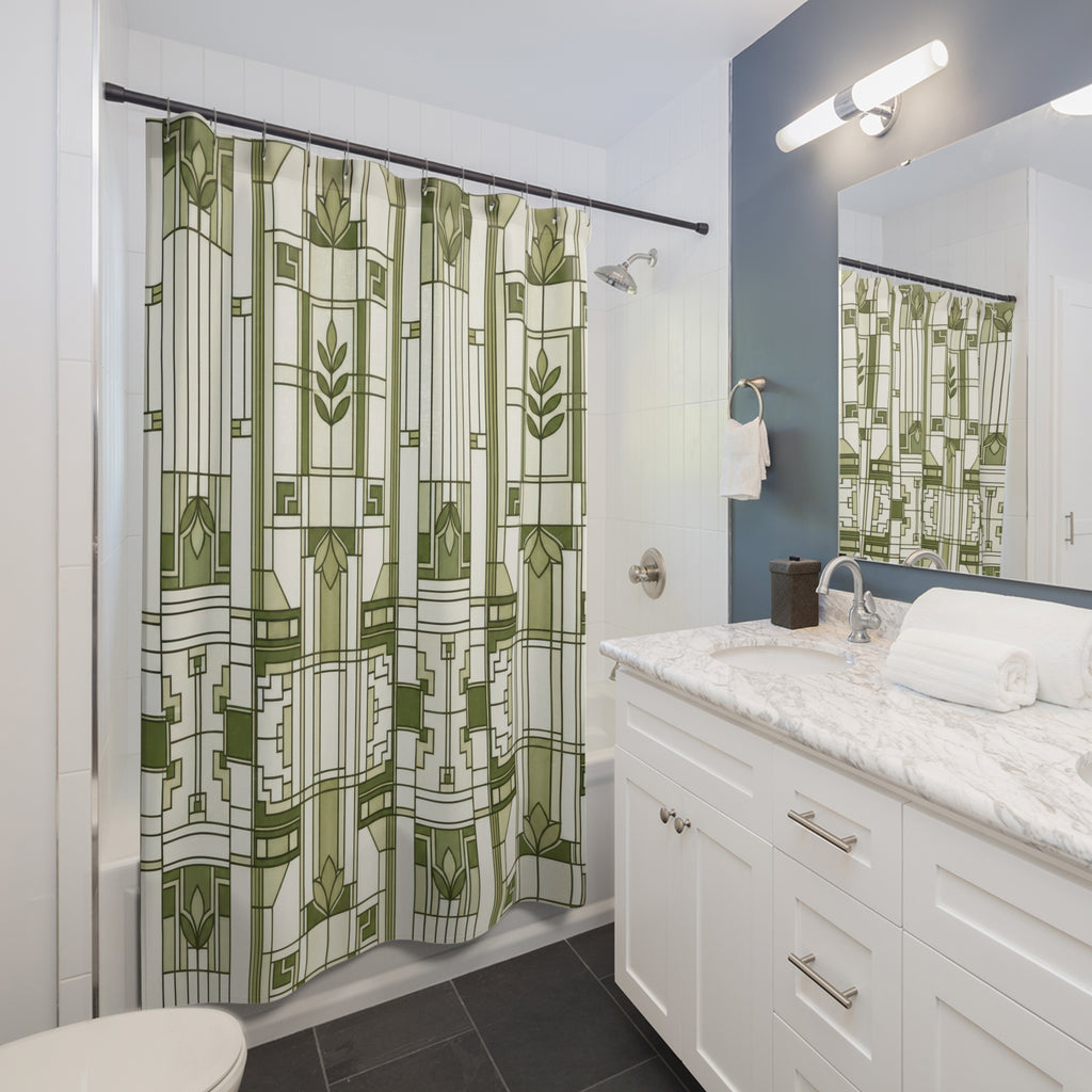 Green White Geometric Panel Shower Curtain