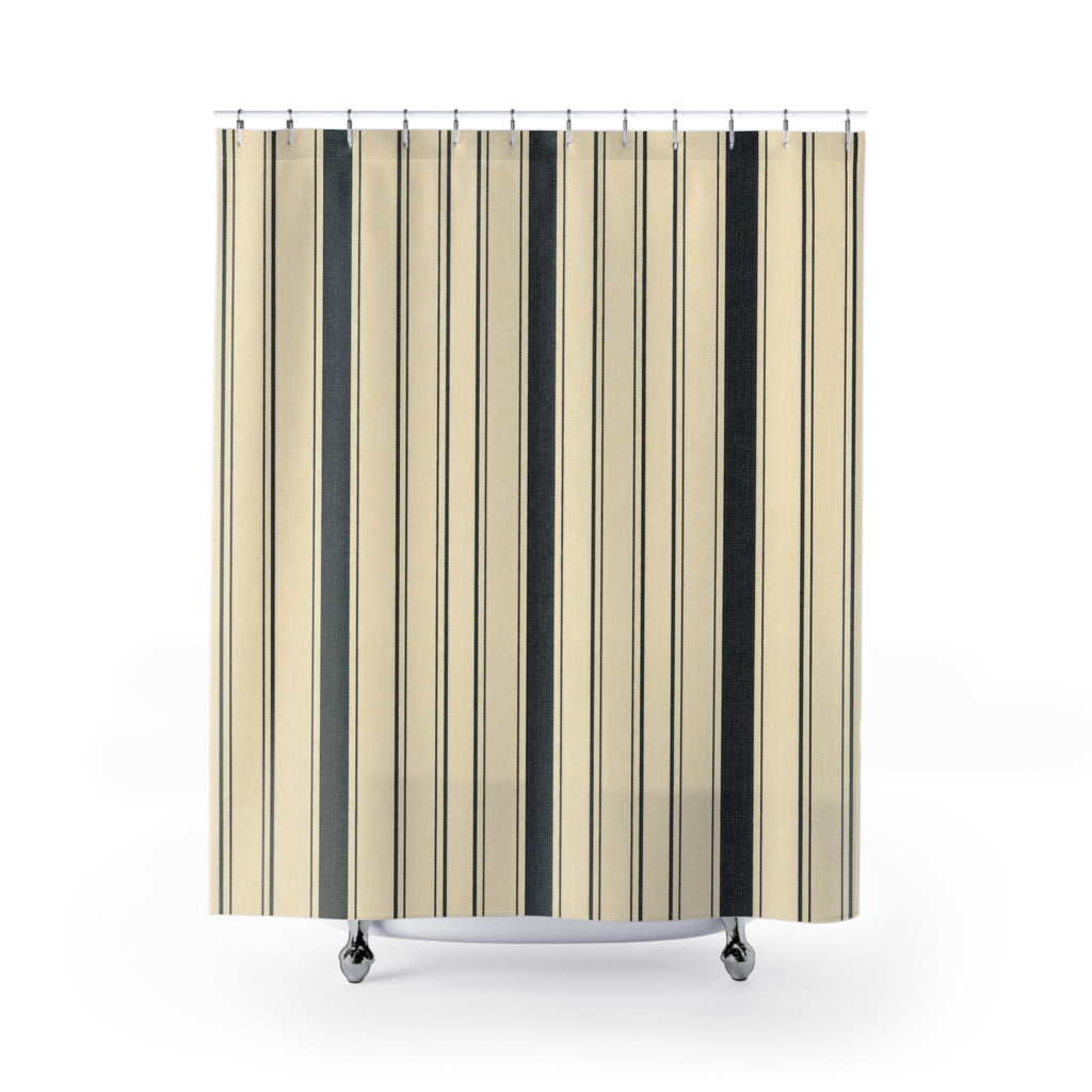 Black Striped Shower Curtain, Beige Ticking Bath Decor, Cream Vertical Stripe Pattern, Classic Farmhouse Guest Bathroom Decor Style