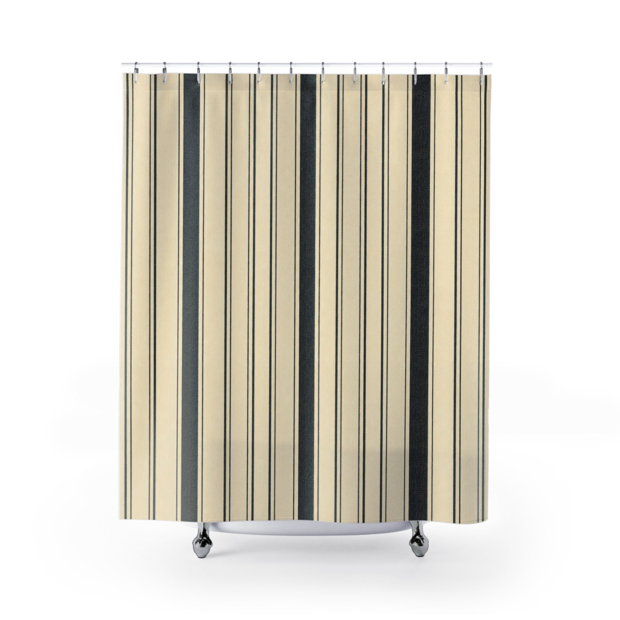 Black Striped Shower Curtain, Beige Ticking Bath Decor, Cream Vertical Stripe Pattern, Classic Farmhouse Guest Bathroom Decor Style