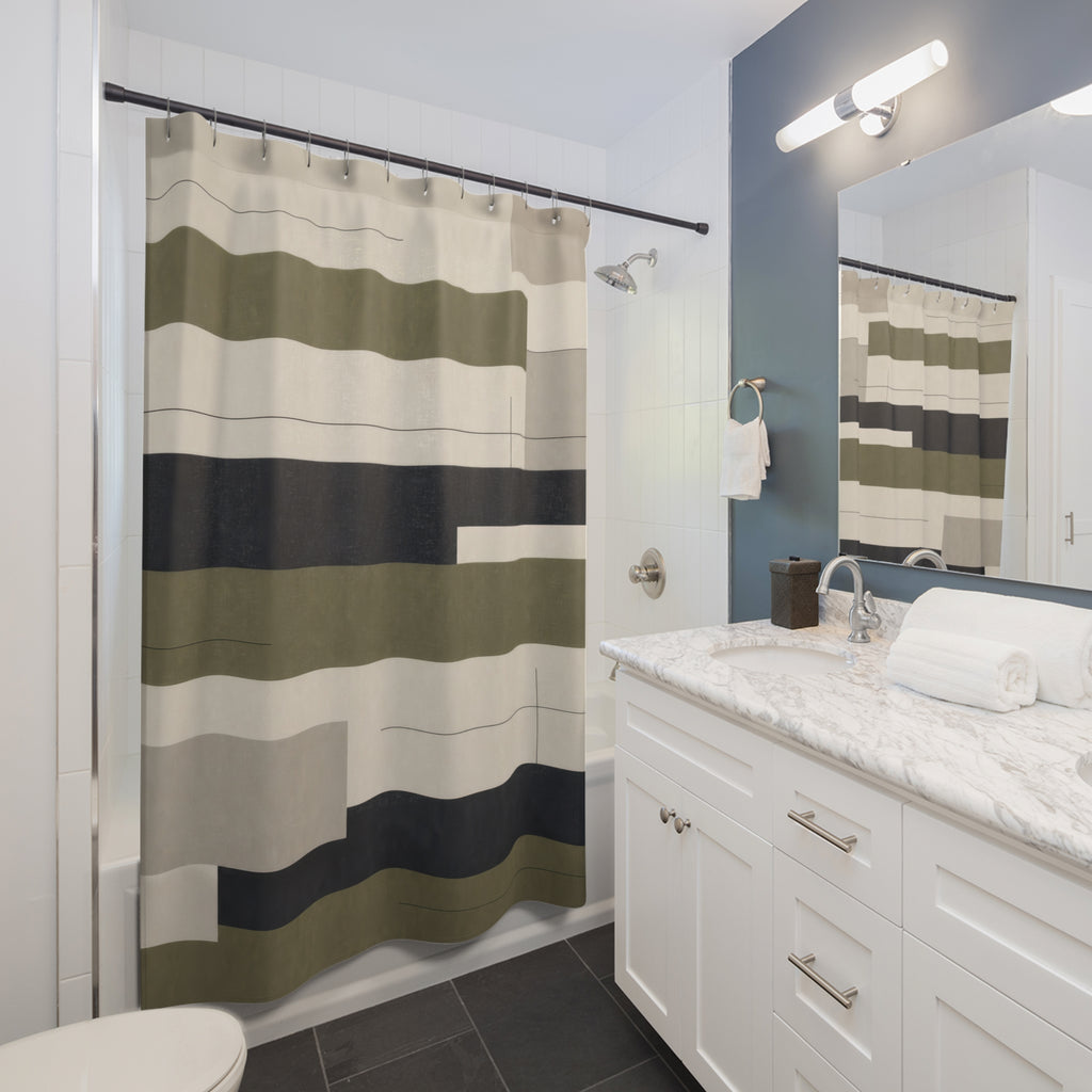 Navy Beige Stripe Olive Green Shower Curtain