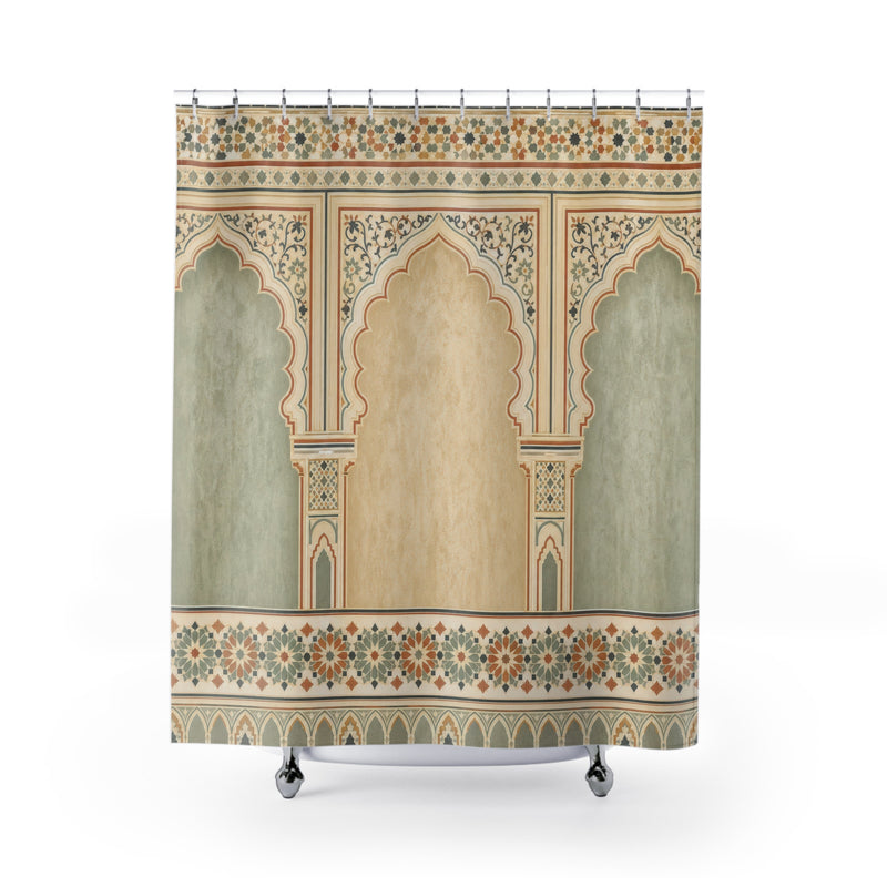 Sage Tile moroccan arch cream shower curtain with full front view