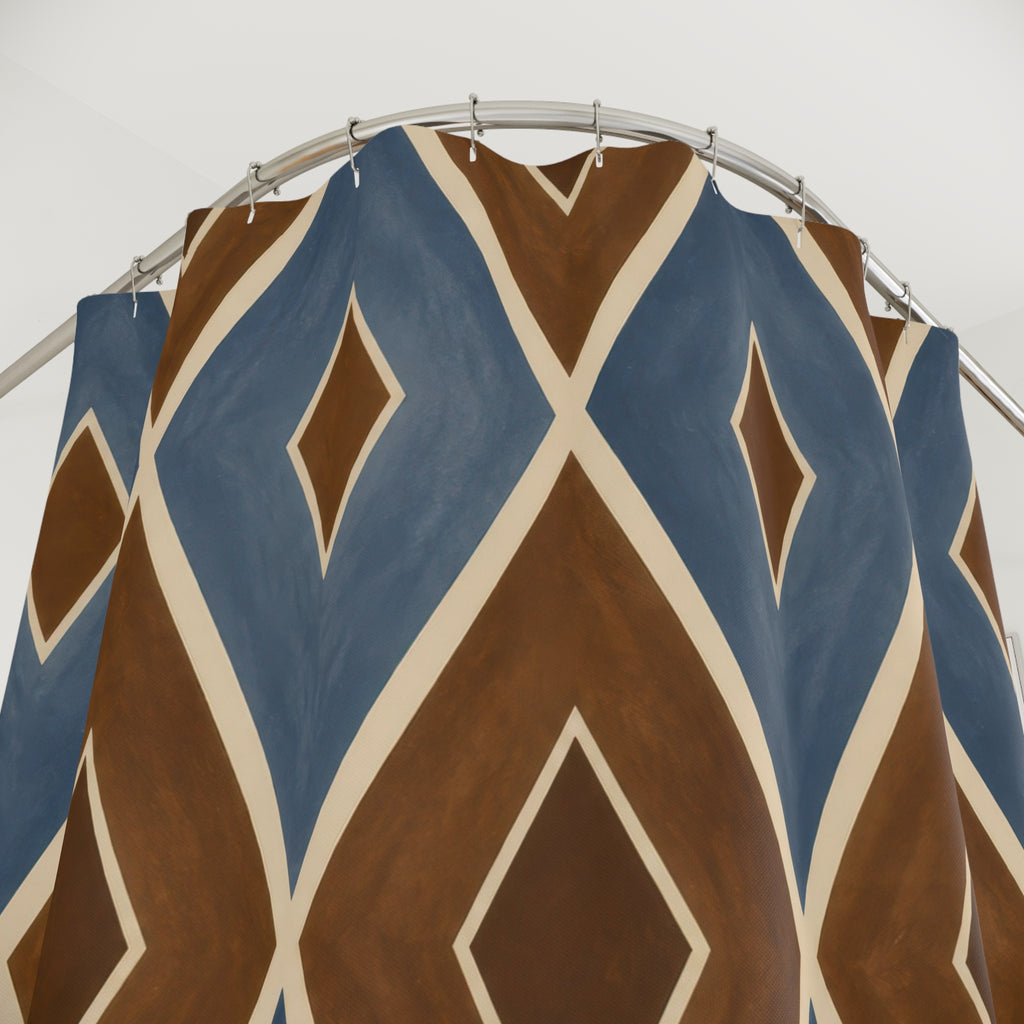 Blue and brown diamond lattice with ivory lines shower curtain with close-up print, hooks, and folds