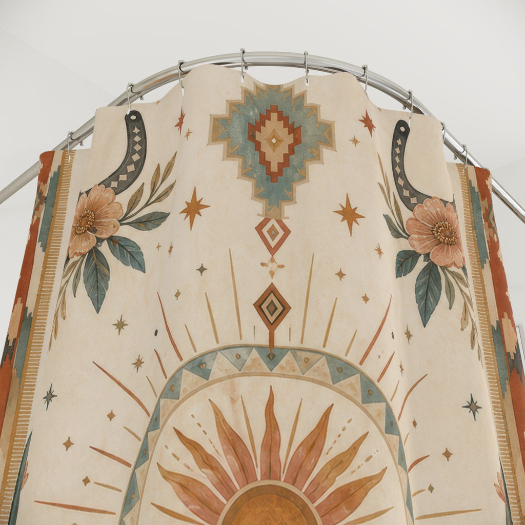 Western Boho Shower Curtain, Desert Floral Bath Decor, Terracotta Turquoise Sunburst Pattern, Rustic Southwestern Guest Bathroom Decor