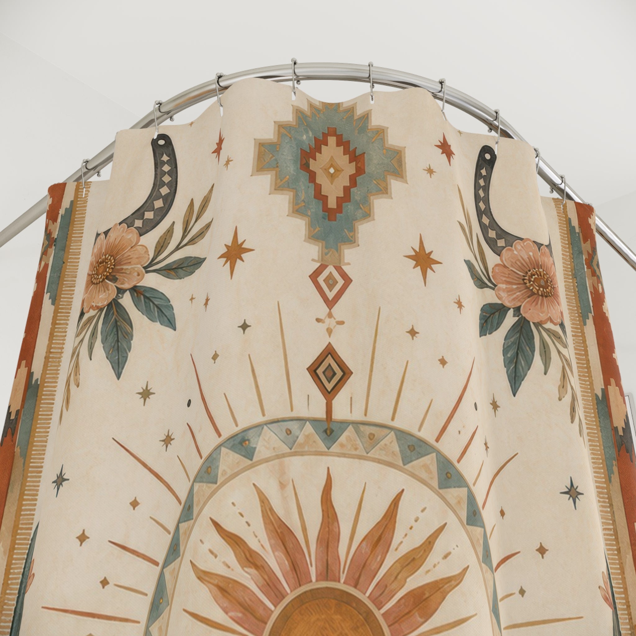 Western Boho Shower Curtain, Desert Floral Bath Decor, Terracotta Turquoise Sunburst Pattern, Rustic Southwestern Guest Bathroom Decor
