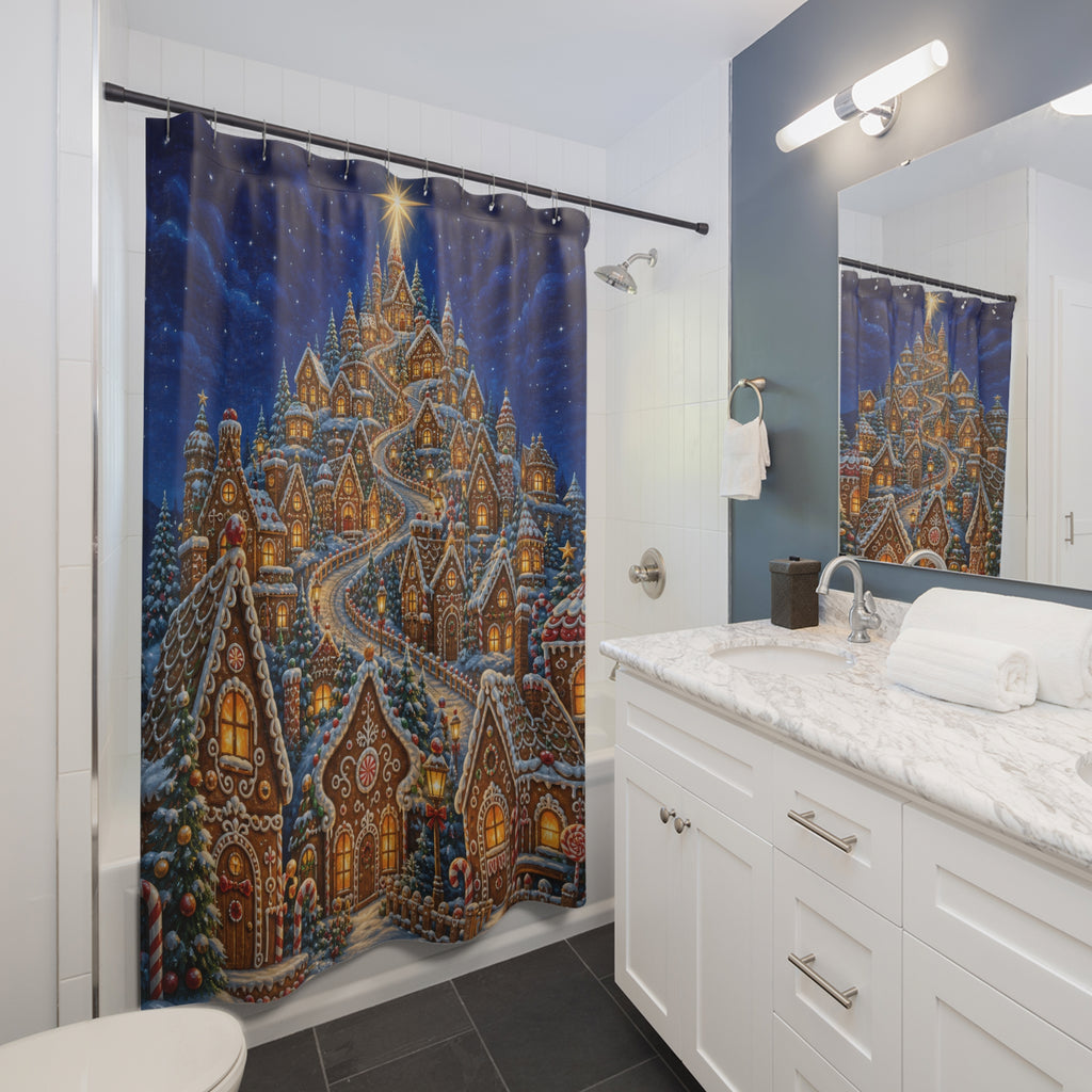 Glowing Gingerbread Village Shower Curtain