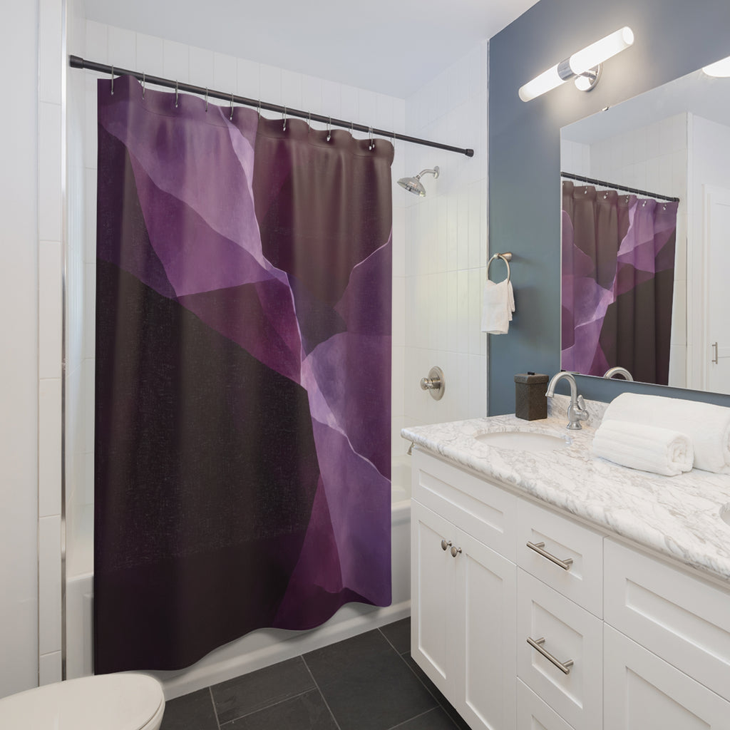Angular plum and lavender color fields shower curtain beside a white vanity
