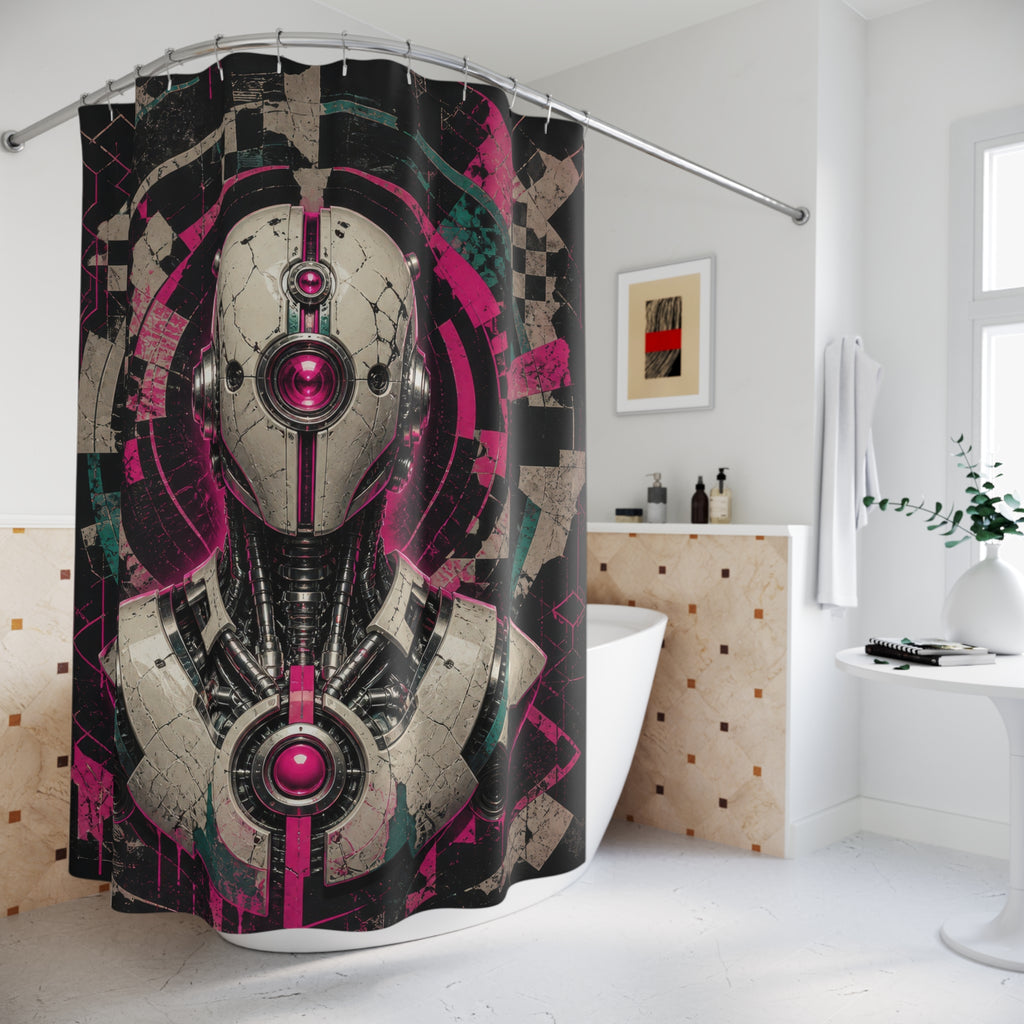Chrome robot bust with neon circuits and fractured stencil shapes shower curtain beside a freestanding tub