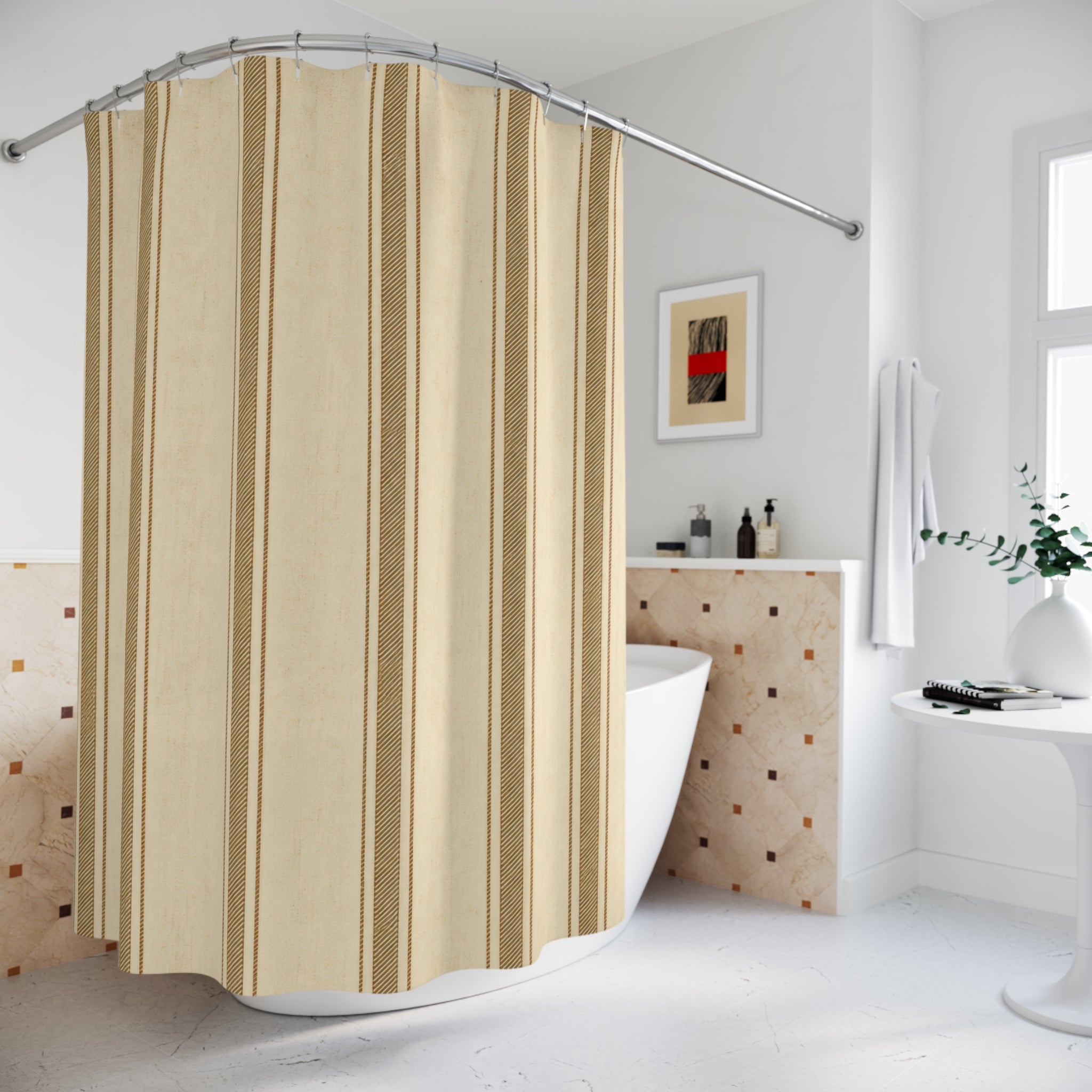 Brown Striped Shower Curtain, Tan Cream Farmhouse Bath Decor, Warm Panel Stripe Pattern, Classic Neutral Guest Bathroom Decor Style