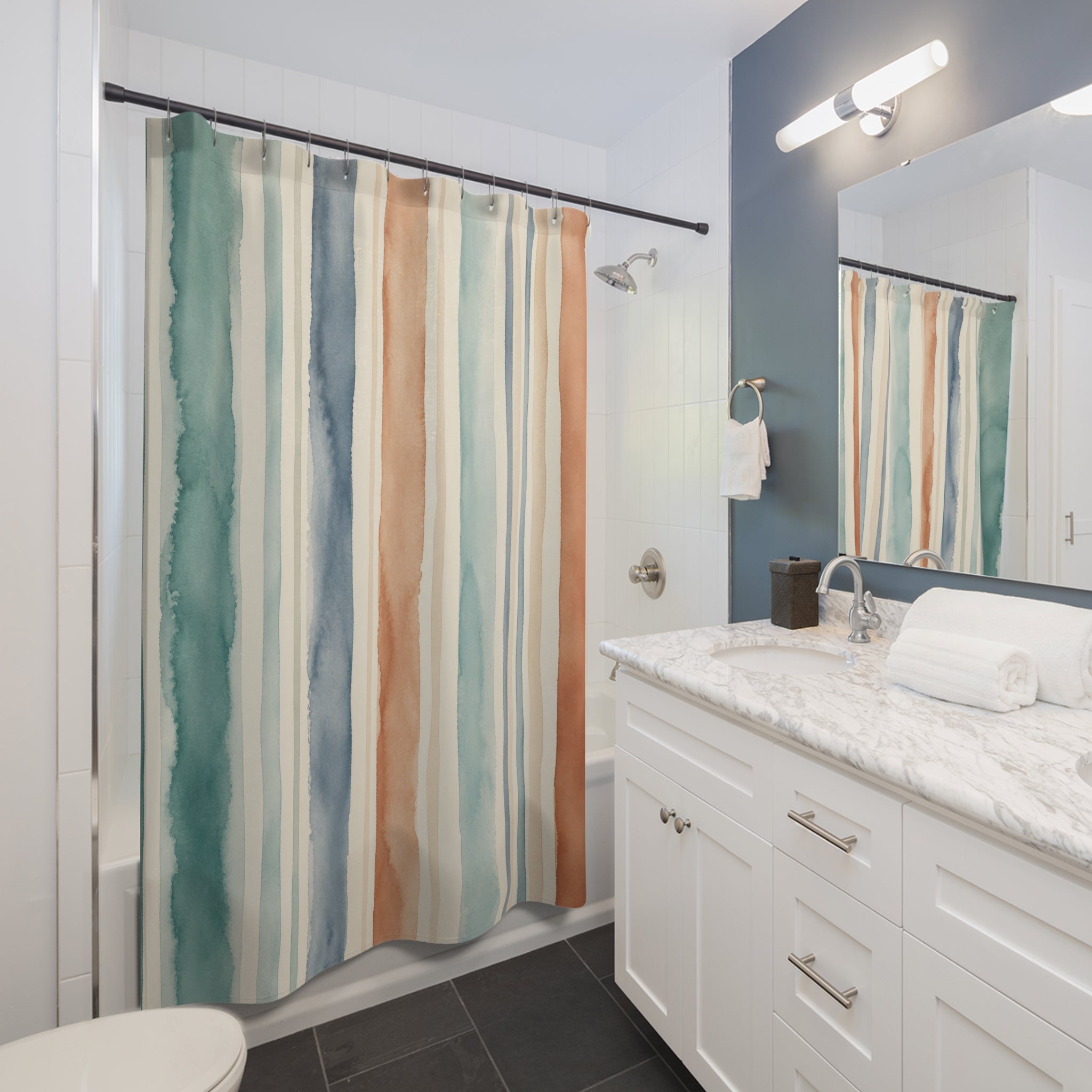 Teal Peach Vertical Stripe Shower Curtain