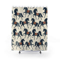 Navy prancing horses with rust saddles on warm ivory shower curtain with full front view