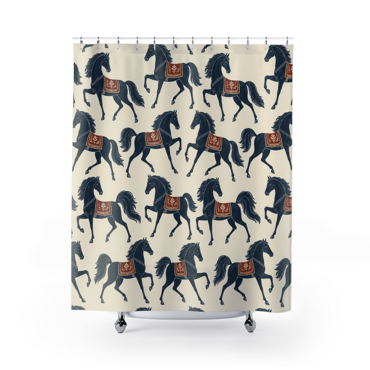 Navy prancing horses with rust saddles on warm ivory shower curtain with full front view