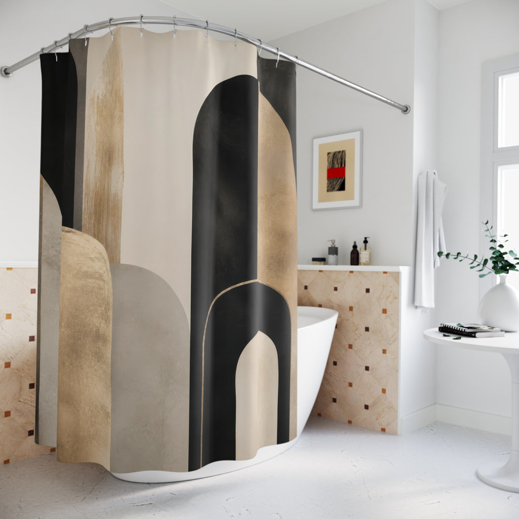 Black Abstract Shower Curtain, Cream Beige Arch Bath Decor, Modern Rounded Geometric Pattern, Warm Neutral Guest Bathroom Decor Style
