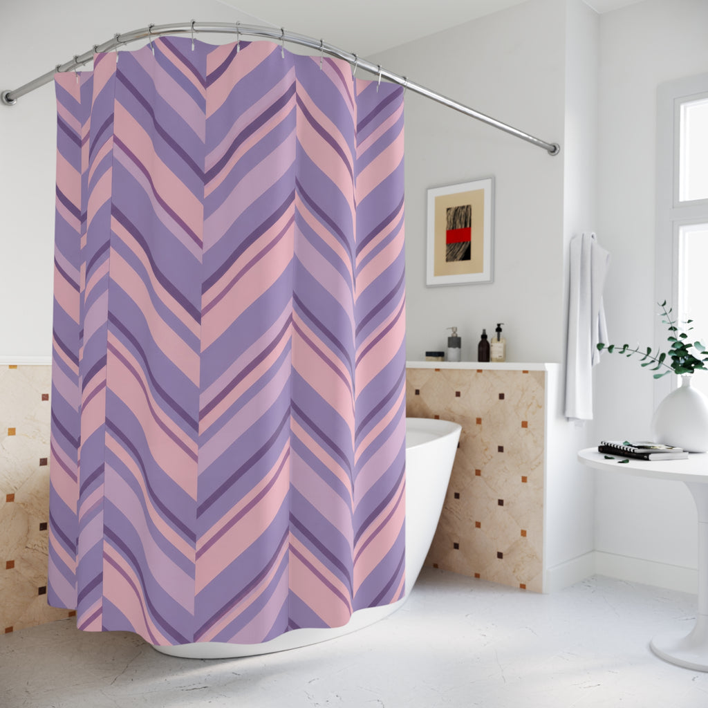 Lavender and blush pink herringbone stripes shower curtain beside a freestanding tub