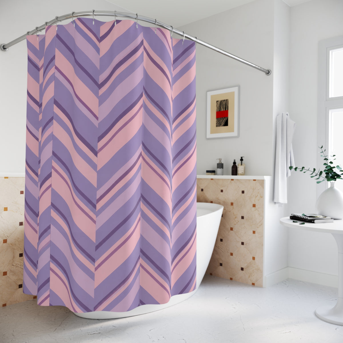 Lavender and blush pink herringbone stripes shower curtain beside a freestanding tub