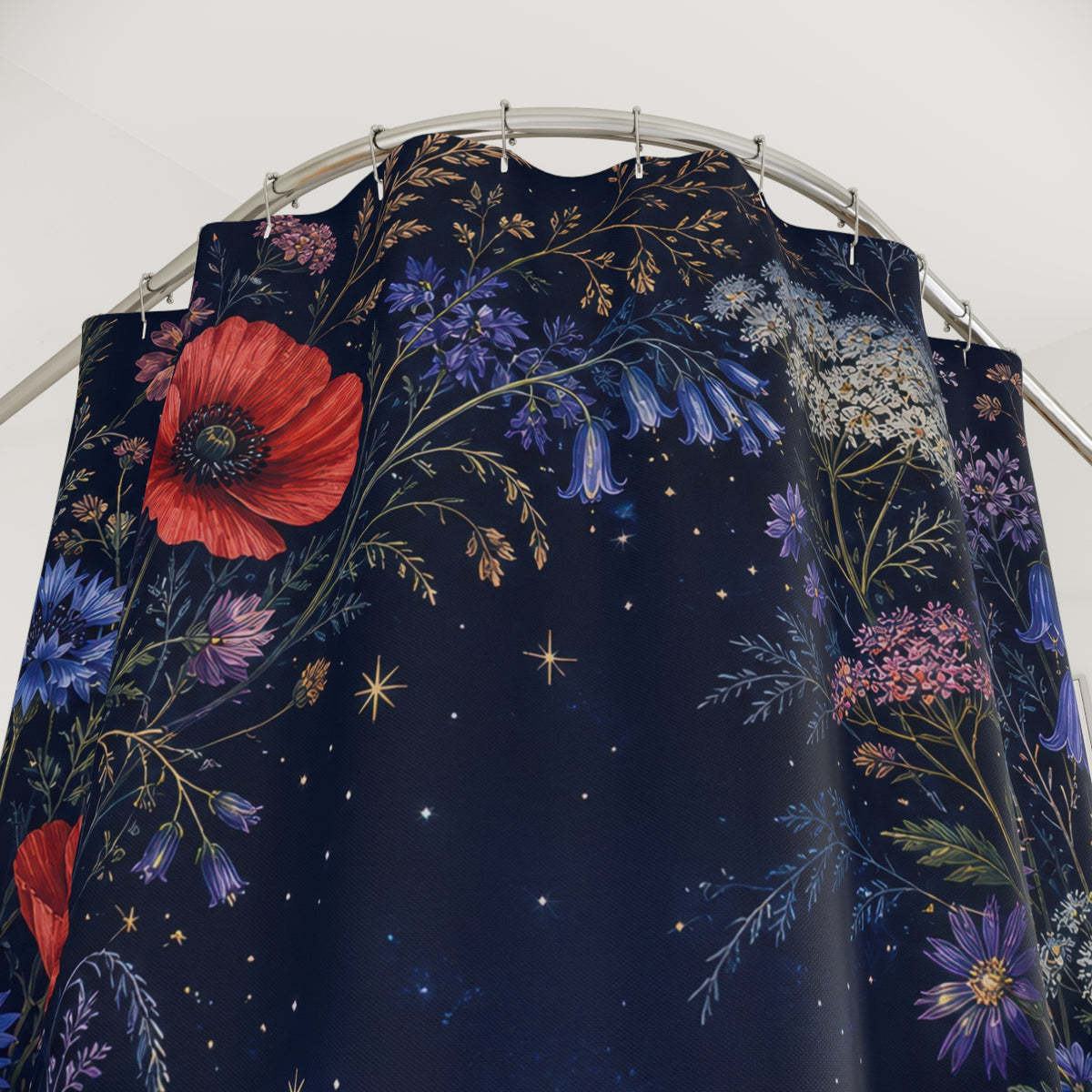 Midnight wild flower border with red poppies and blue cornflowers shower curtain with close-up print, hooks, and folds