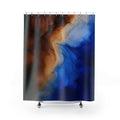 Cobalt blue and brown flowing abstract ink washes shower curtain with full front view