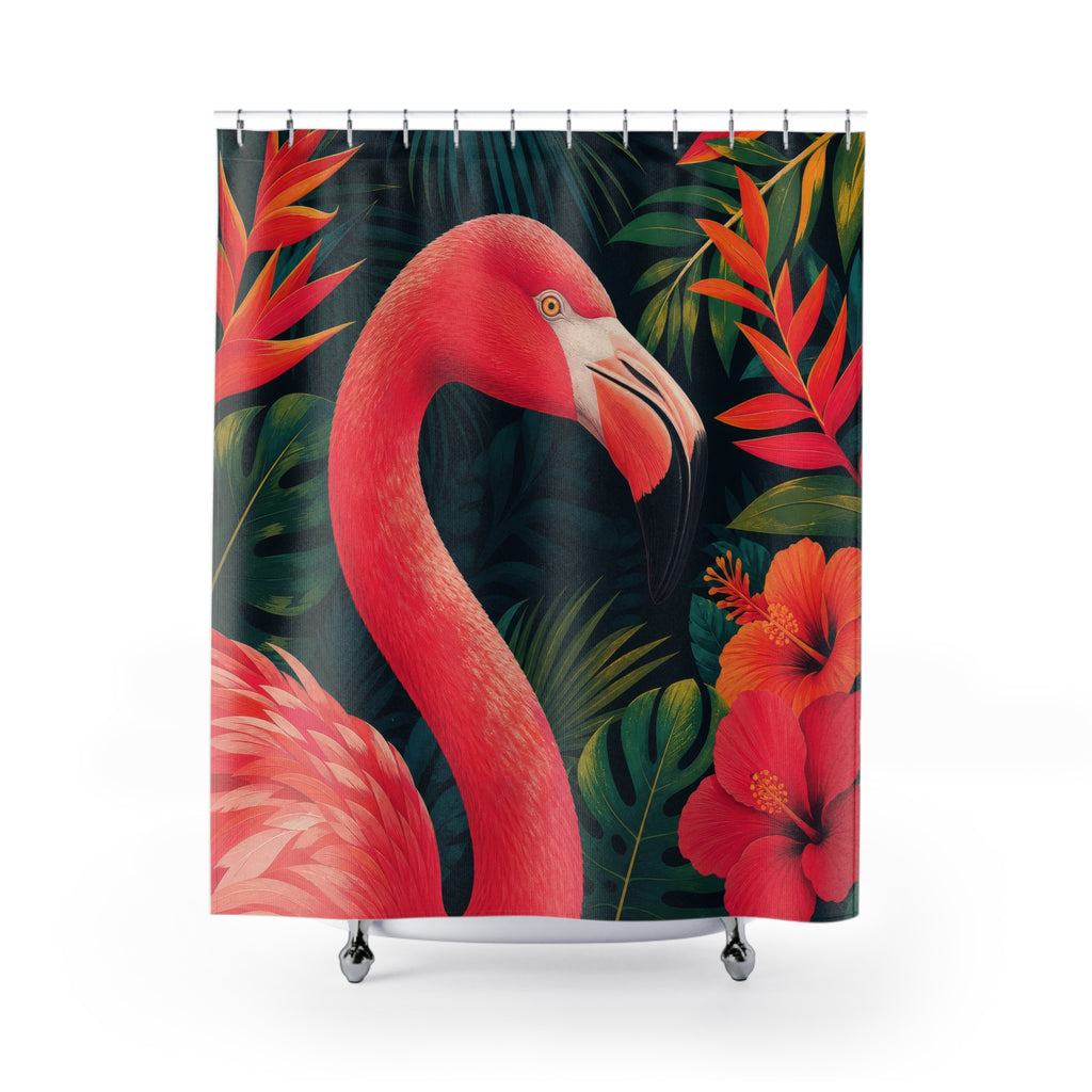 Hot-pink flamingo portrait framed by tropical foliage shower curtain with full front view