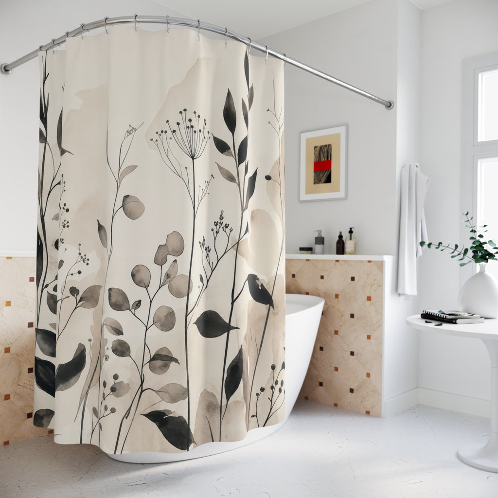 Black Beige Leaf Wildflower Shower Curtain