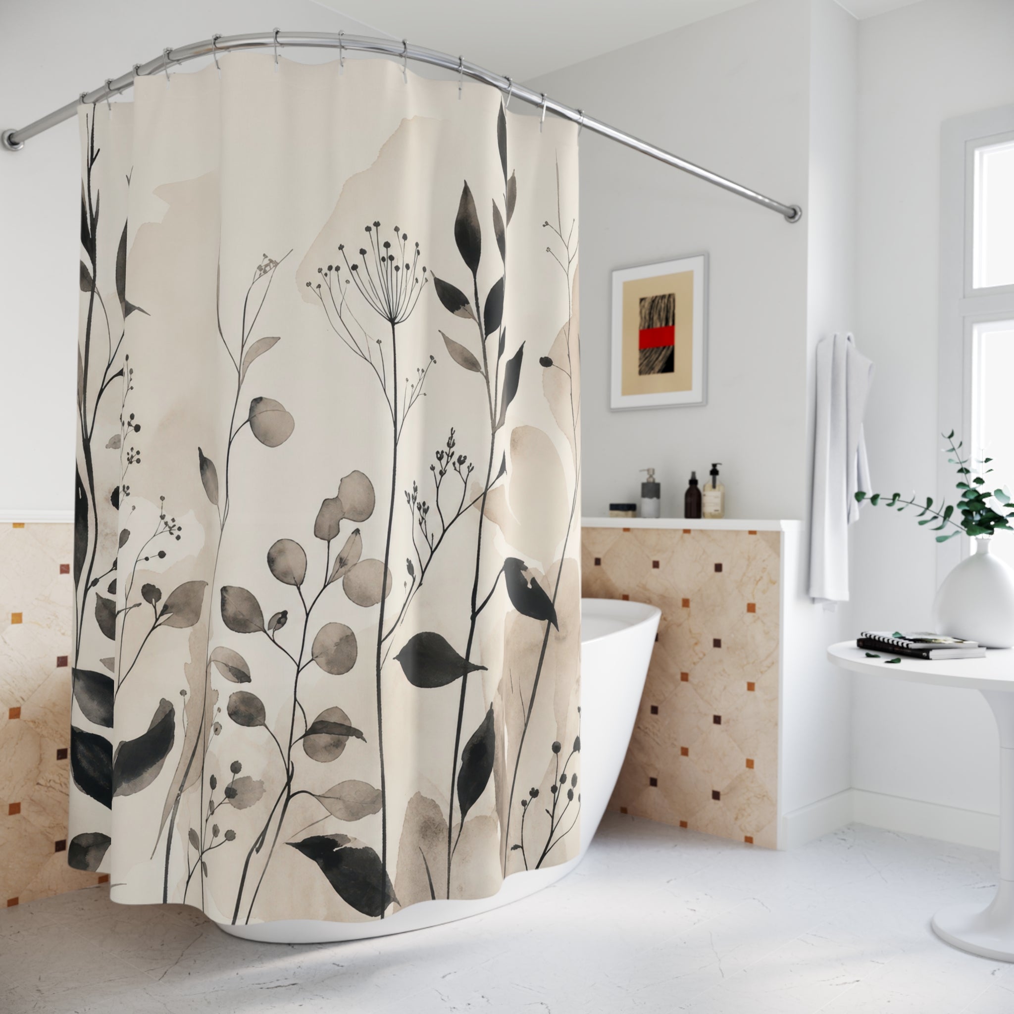 Black Beige Leaf Wildflower Shower Curtain