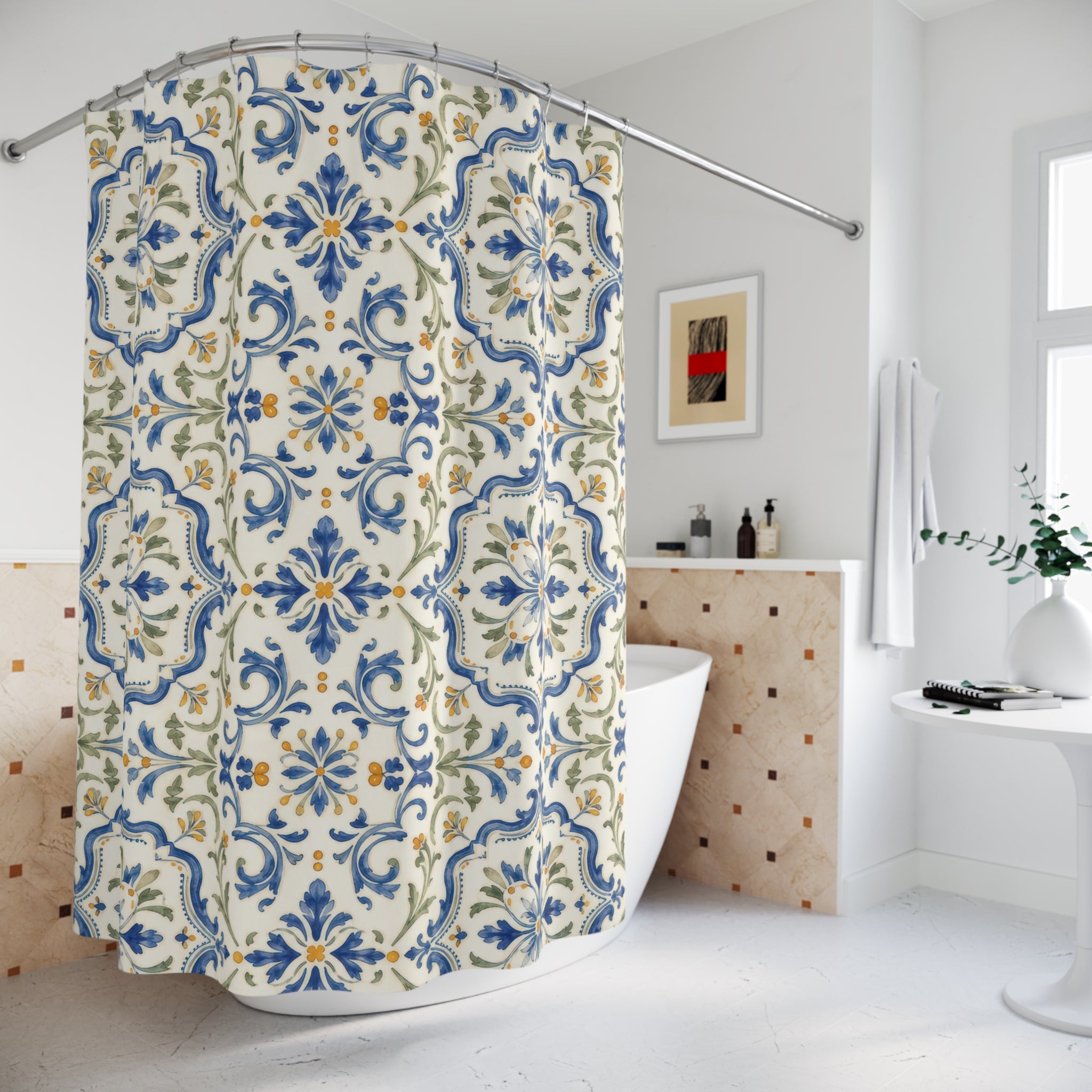 Blue Yellow French Country Medallion Shower Curtain