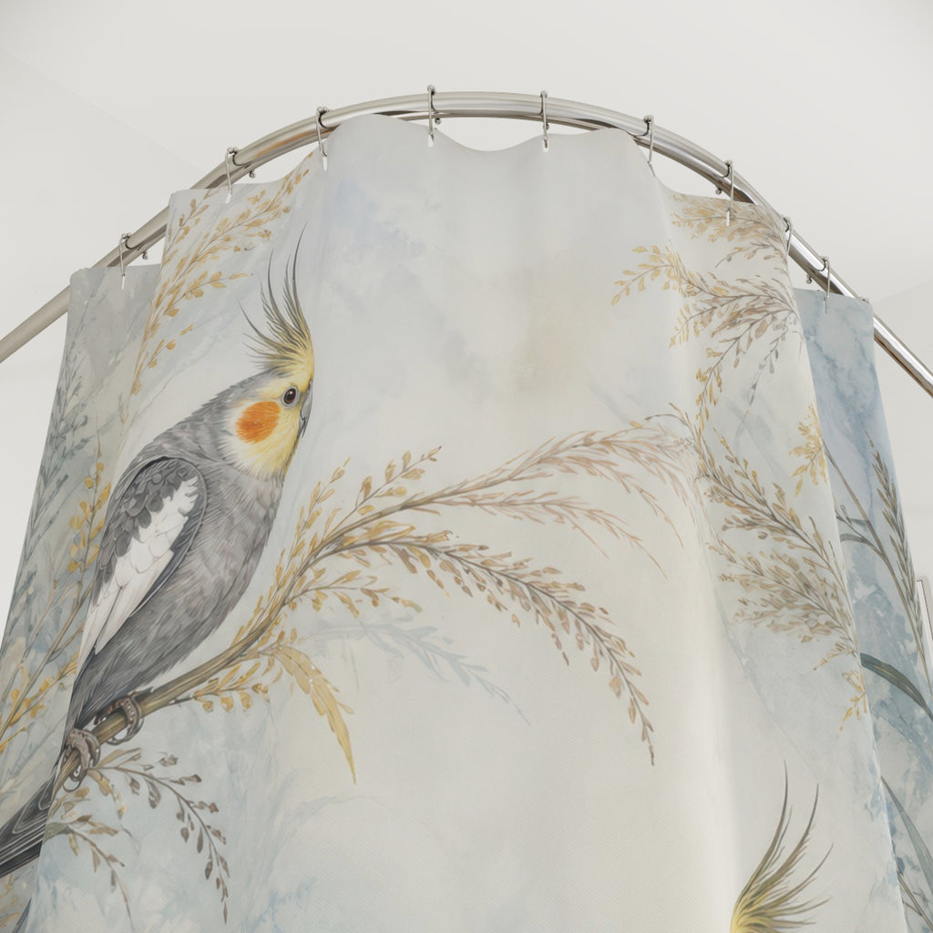Close-up of Two grey cockatiels in misty blue and gold meadow grasses shower curtain with hooks and folds