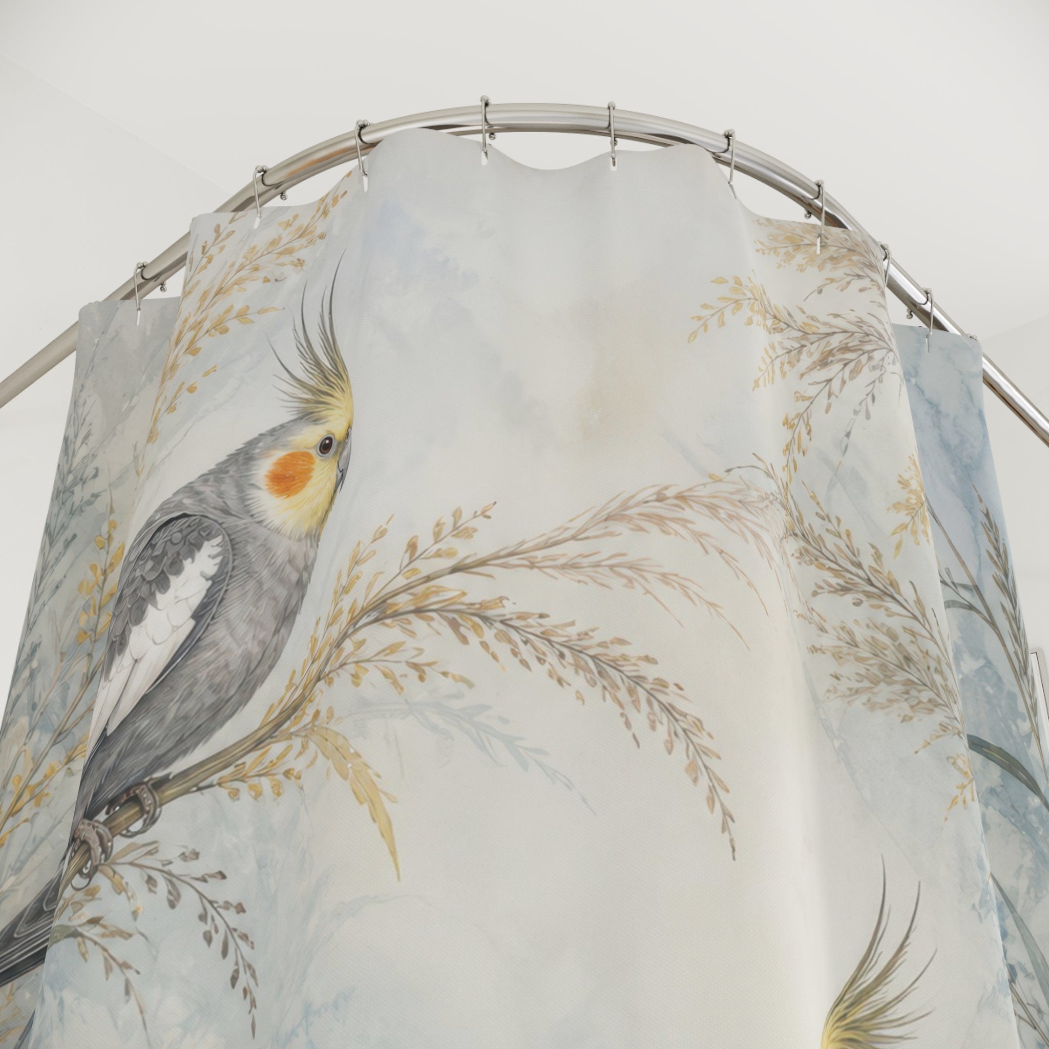 Close-up of Two grey cockatiels in misty blue and gold meadow grasses shower curtain with hooks and folds