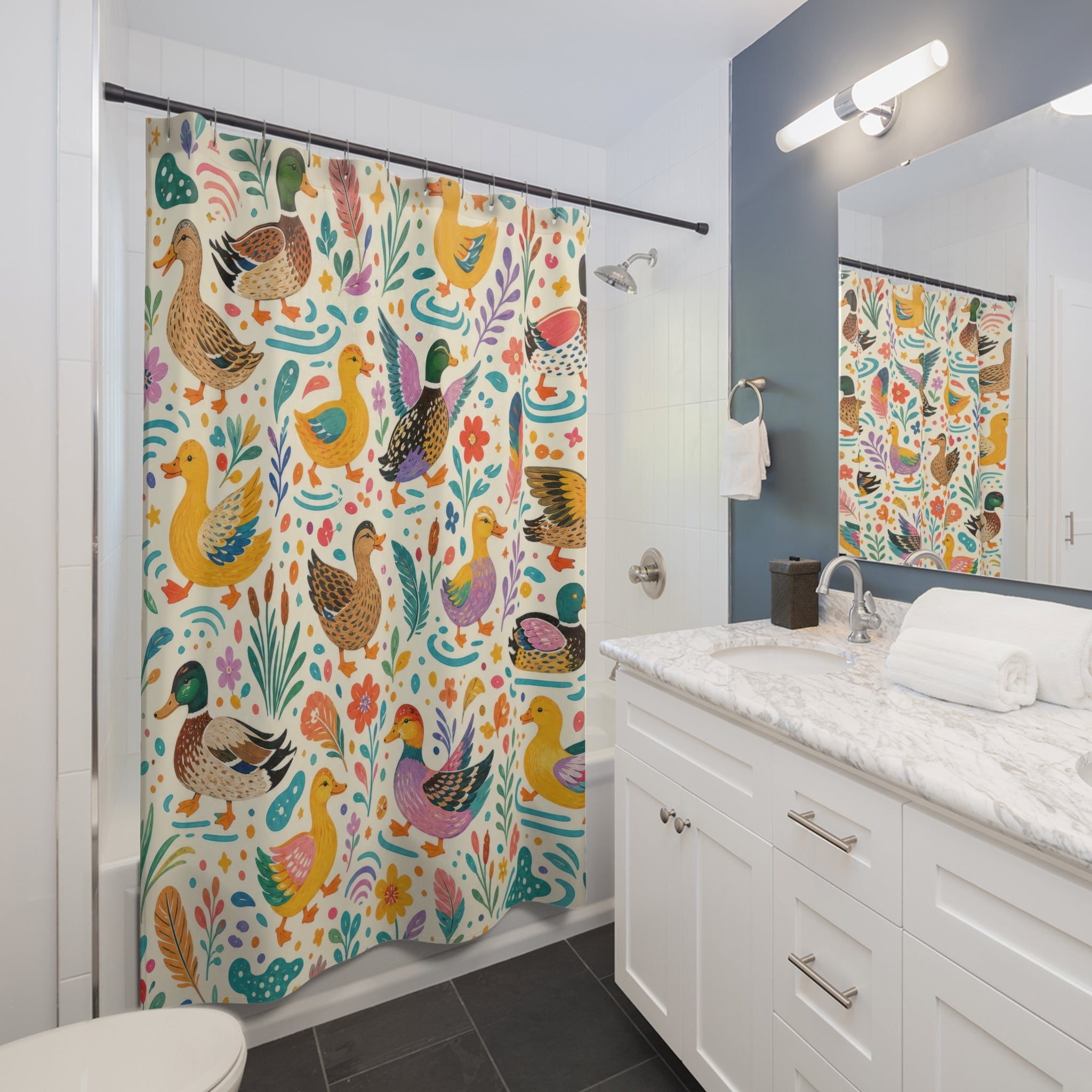 Colorful Folk Duck Confetti Shower Curtain