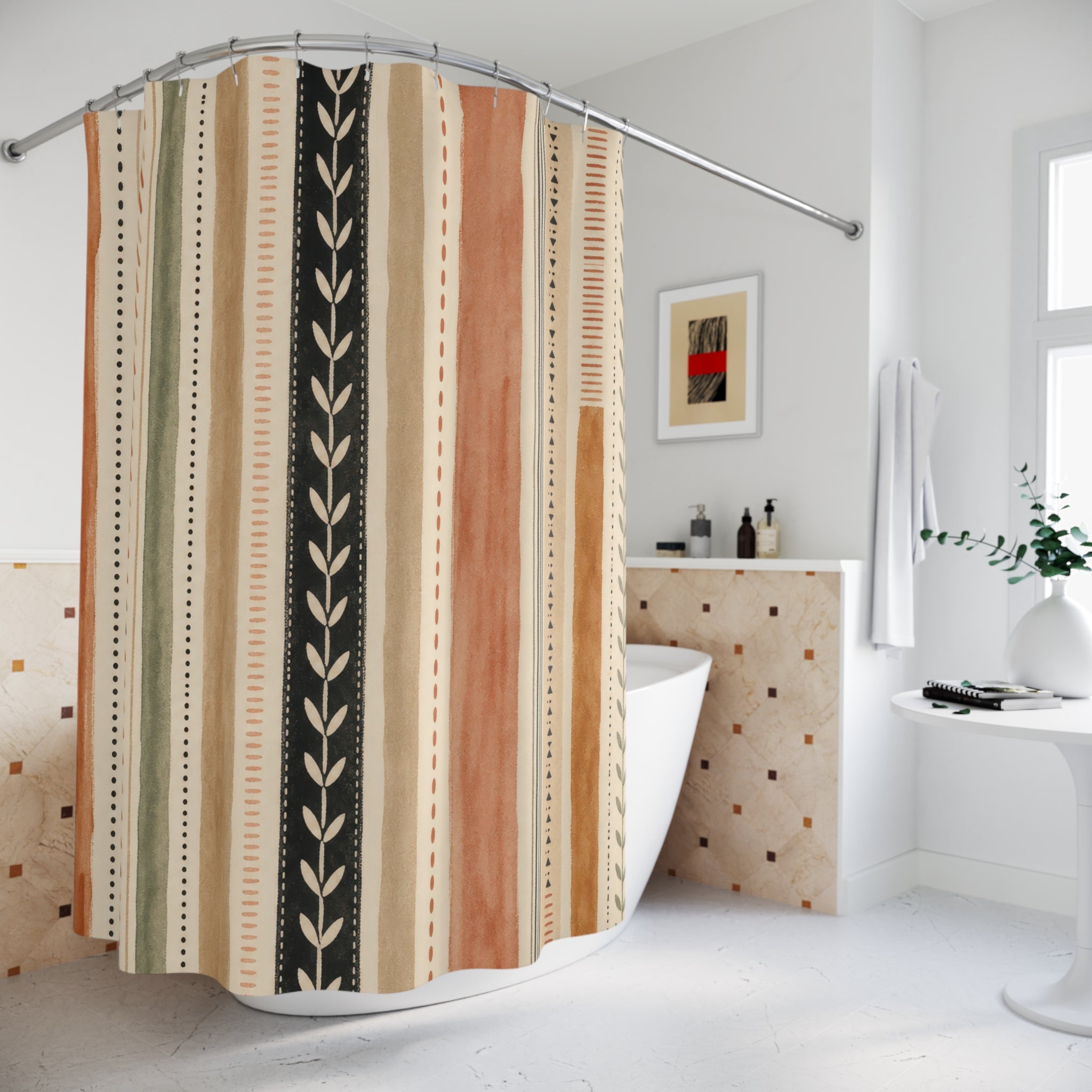 Olive Green Terracotta Geometric Stripe Shower Curtain