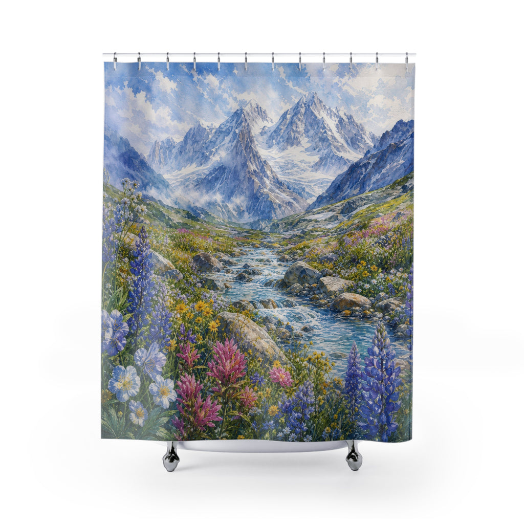 Watercolor Alpine Meadow Stream Shower Curtain