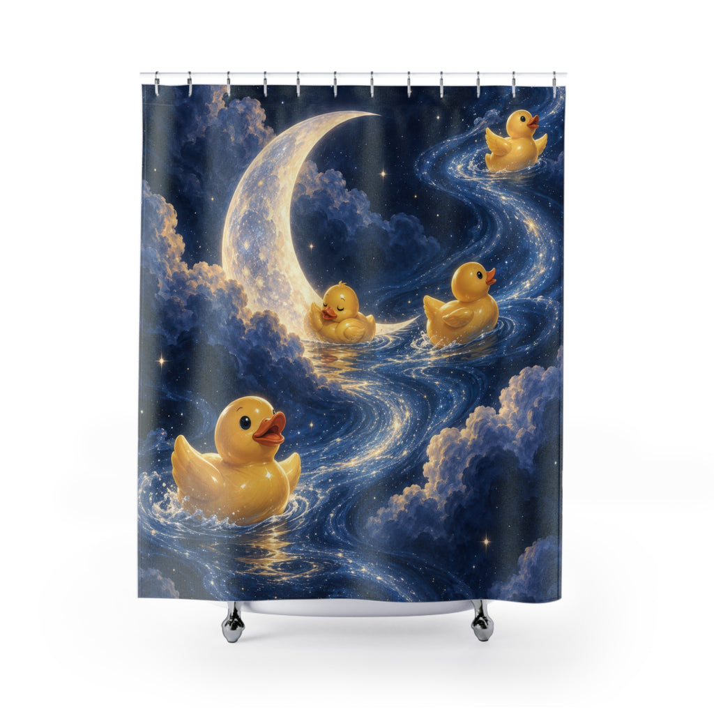 Rubber ducks beneath a moon in a blue starry sky shower curtain with full front view