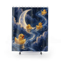 Rubber ducks beneath a moon in a blue starry sky shower curtain with full front view