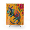 Painted armadillo curling among folk flowers shower curtain with full front view