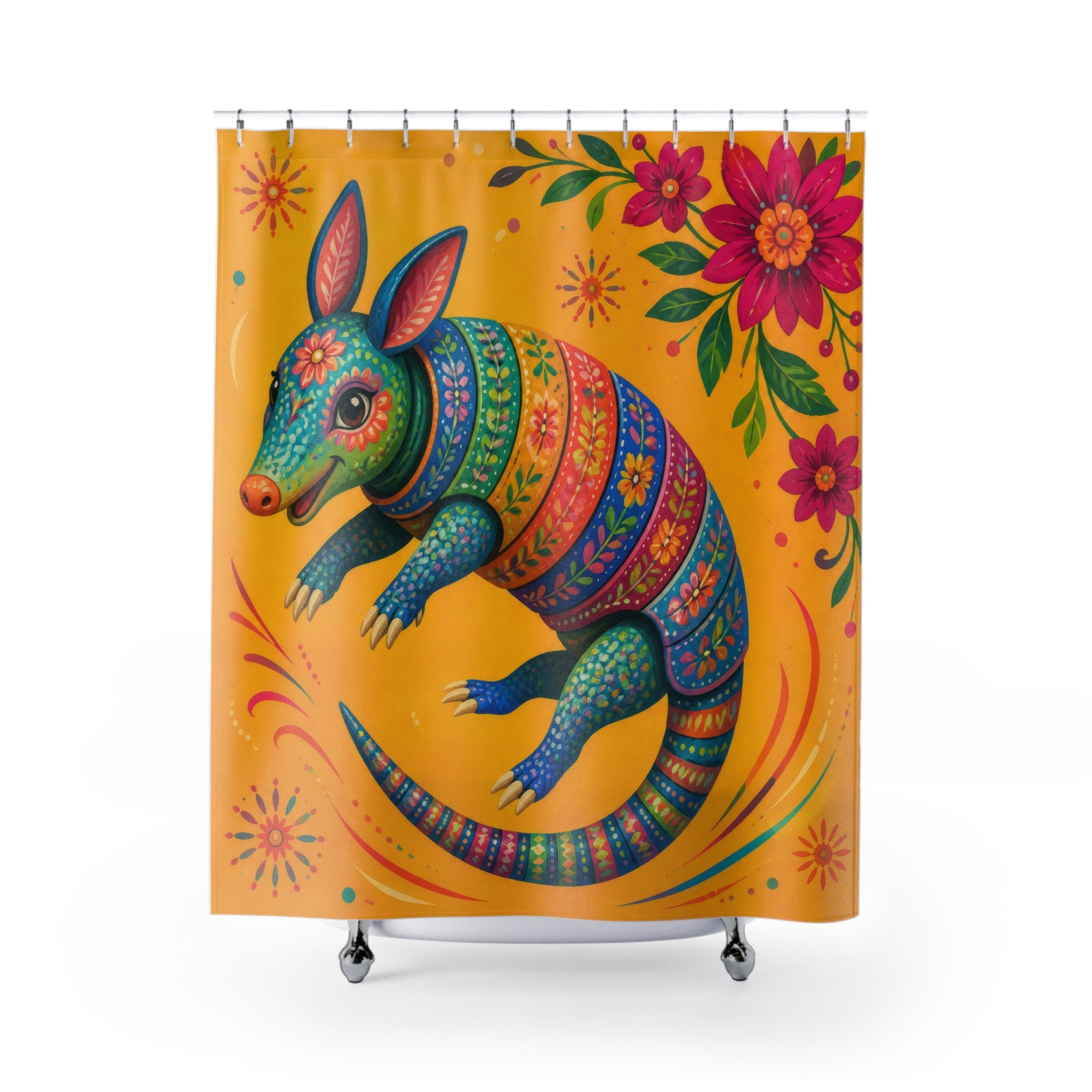 Painted armadillo curling among folk flowers shower curtain with full front view