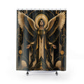 Art Deco Angel Shower Curtain, Black Gold Celestial Guardian Art, Geometric Wing Decor, Dramatic Spiritual Bathroom Accent, Bold Bath