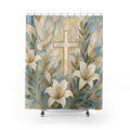 Christian Shower Curtain, Gold Cross White Lily Scene, Religious Bathroom Decor, Peaceful Guest Bath Faith Floral Style Art