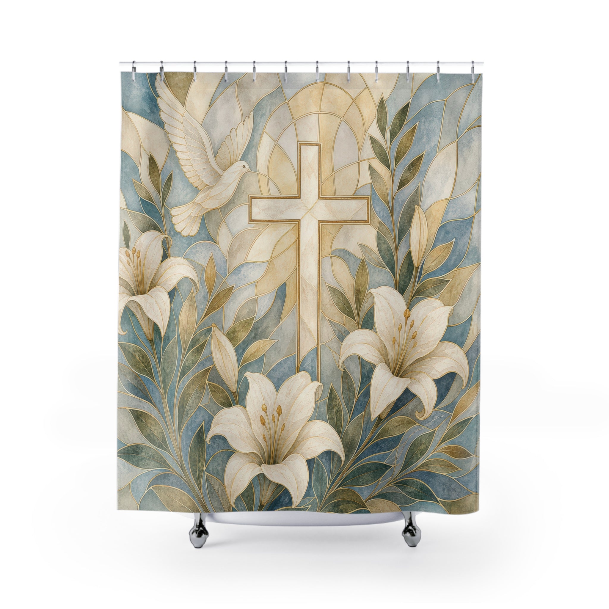 Christian Shower Curtain, Gold Cross White Lily Scene, Religious Bathroom Decor, Peaceful Guest Bath Faith Floral Style Art